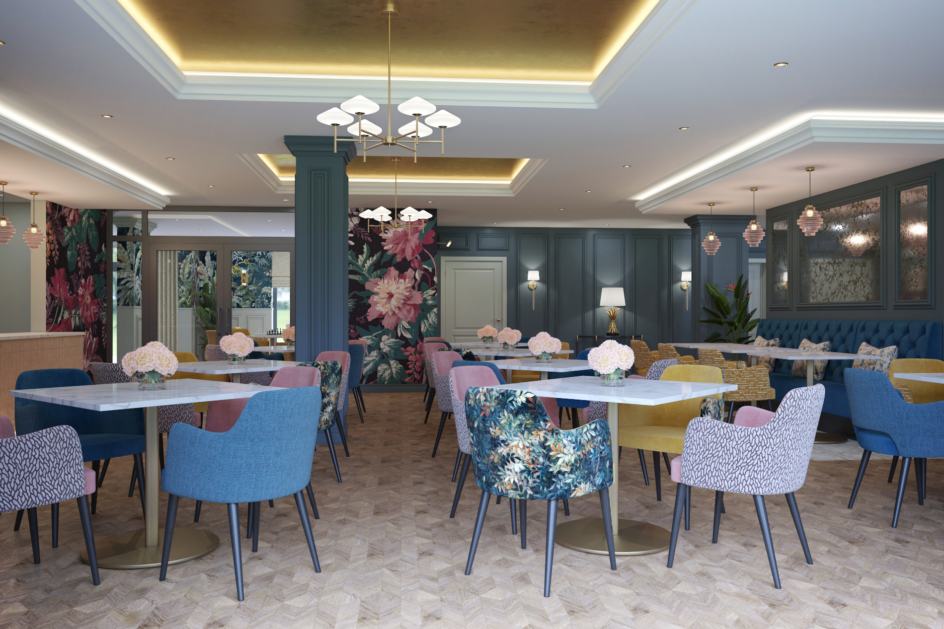 Bright dining area with colorful chairs and floral decor
