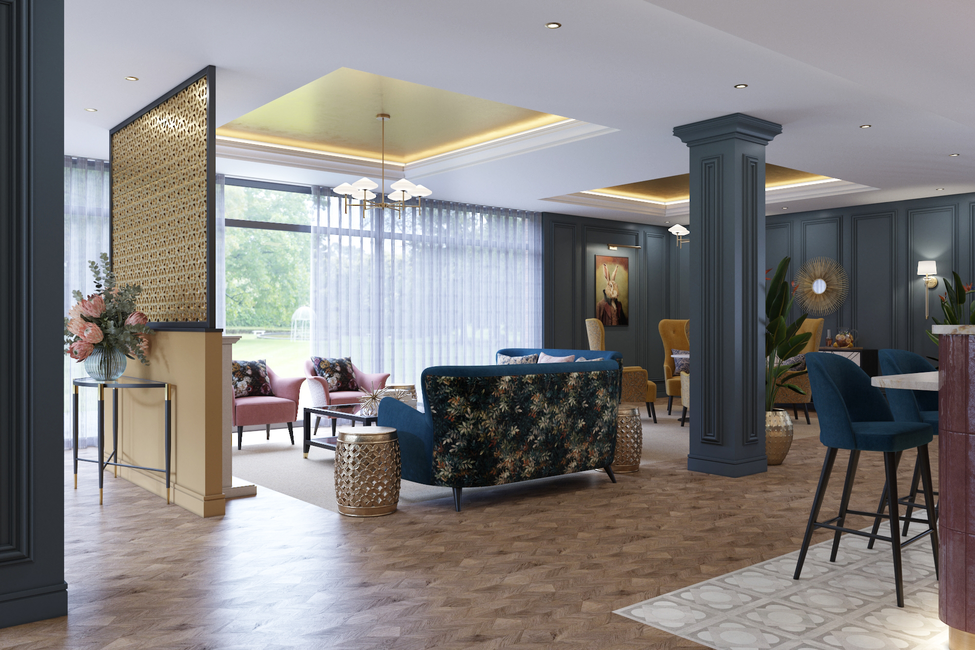 Interior view of a cozy common area in a senior living facility