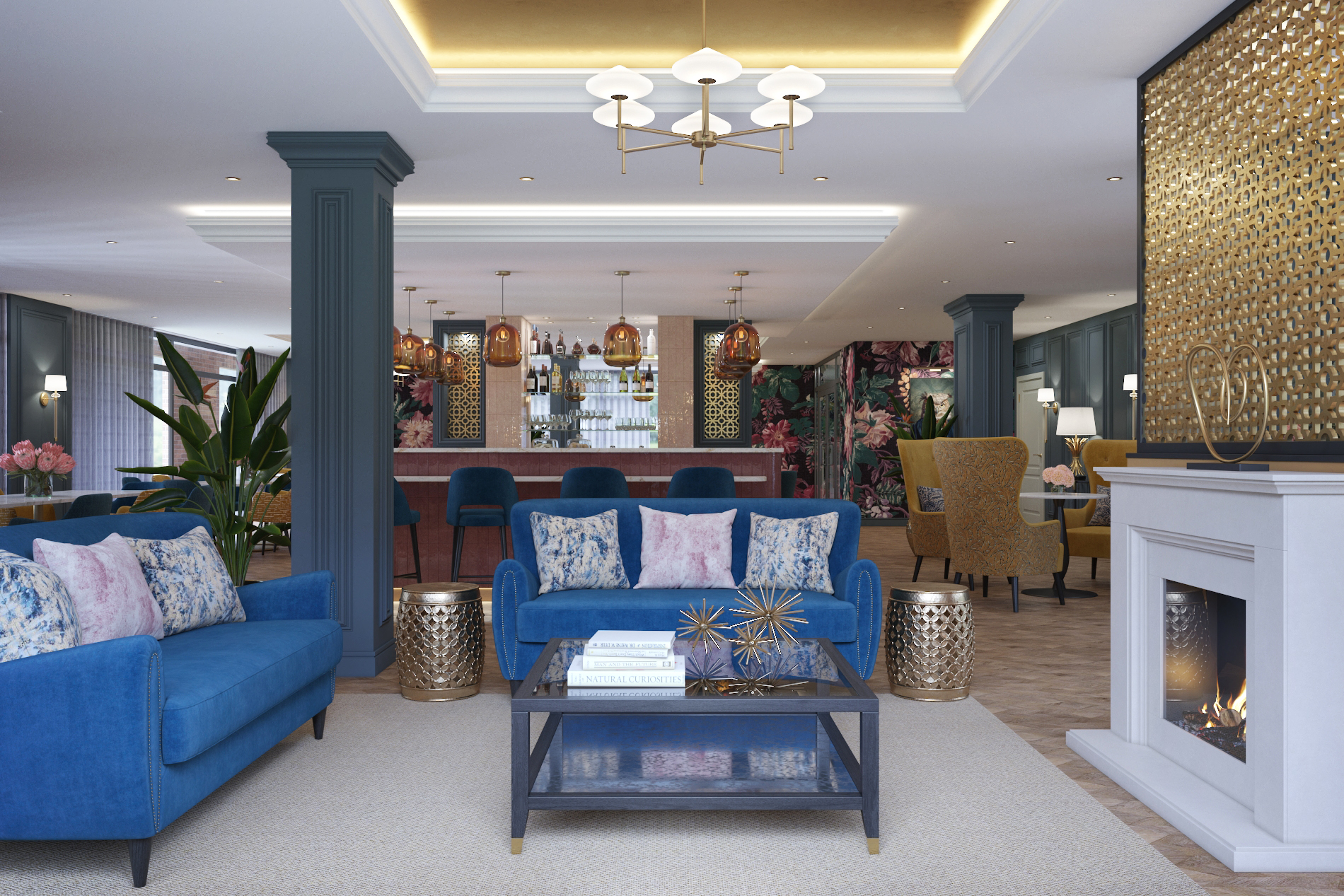 Elegant common area with comfortable seating and a bar