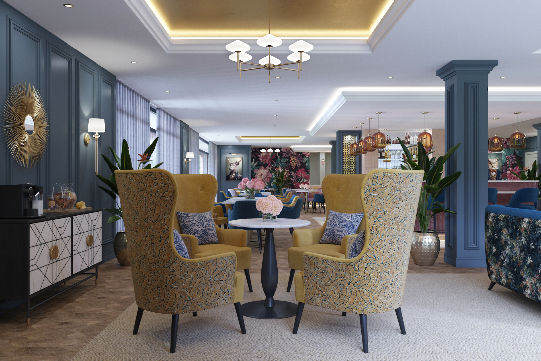 Stylish common area with seating and decor
