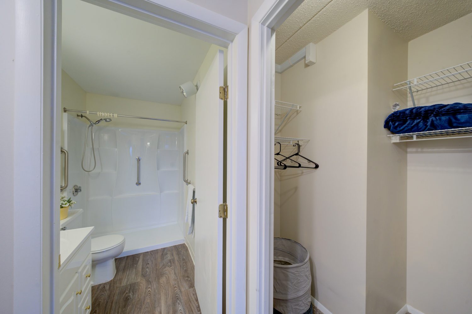 View of a private bathroom and closet in a resident room