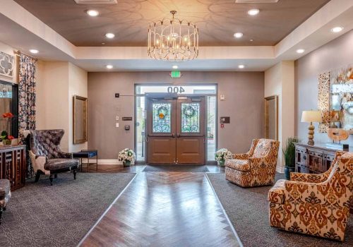 Cozy lobby area with seating and decor.
