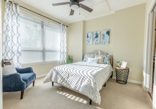 Cozy bedroom in an assisted living unit.