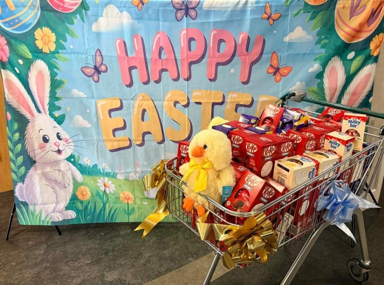 Easter-themed celebration setup with food items.