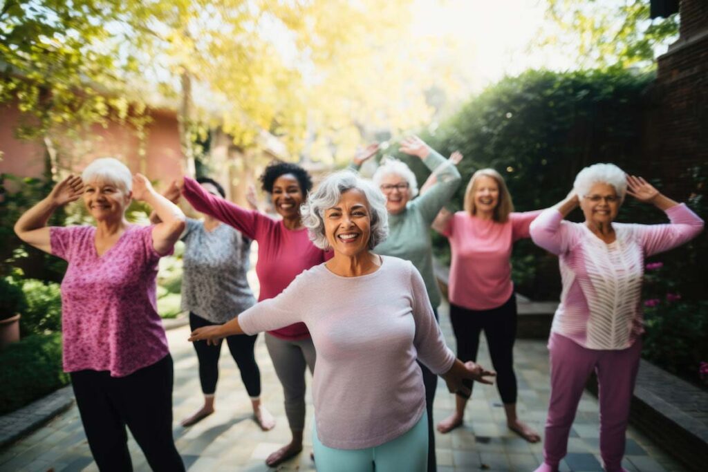 Group of cheerful senior women exercising outdoors.