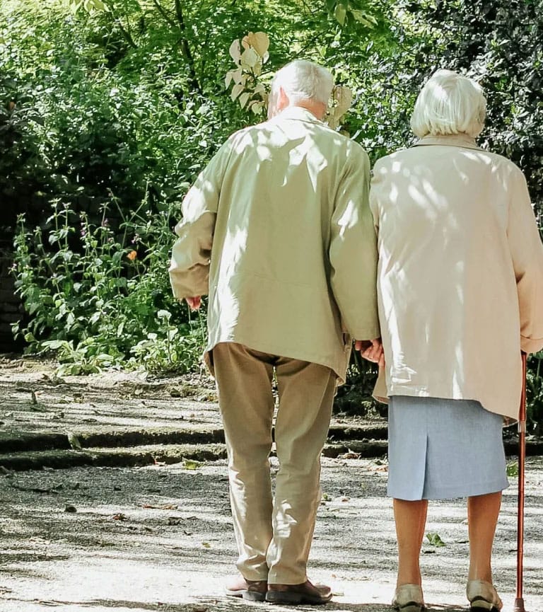 Senior couple walking hand in hand in a garden.