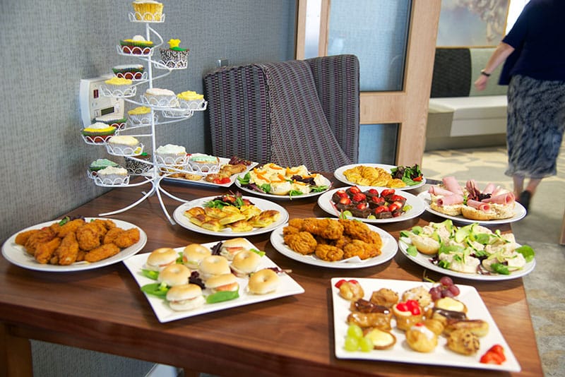 A variety of dishes served in a dining area.