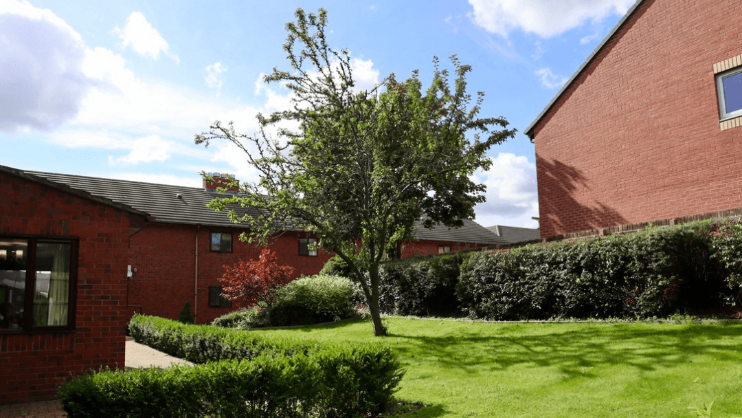 Outdoor area with trees and brick buildings.