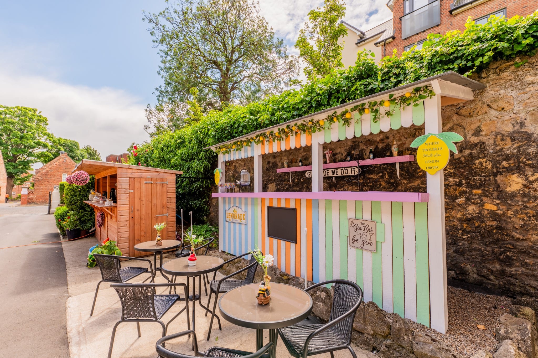 Colorful outdoor seating area with decor