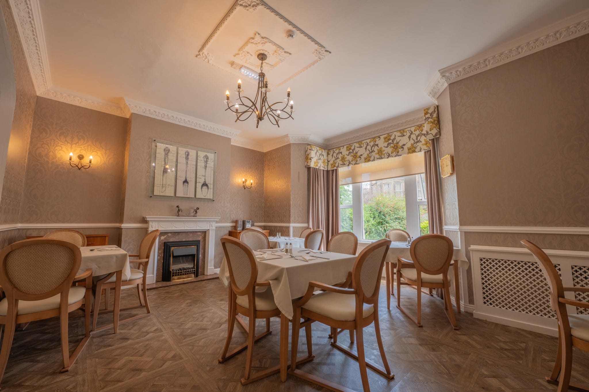 Elegant dining room with tables and chairs