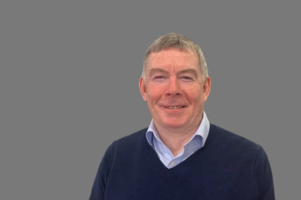 Smiling man in a blue sweater against a gray background.
