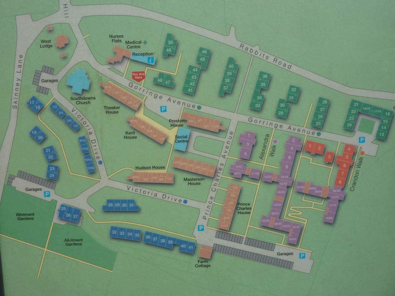 Facility floor plan with buildings and amenities.