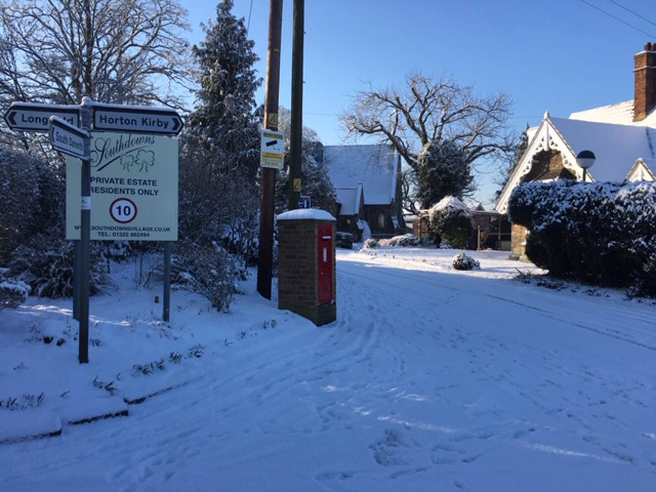 Snowy street scene near Southdown Retirement Village
