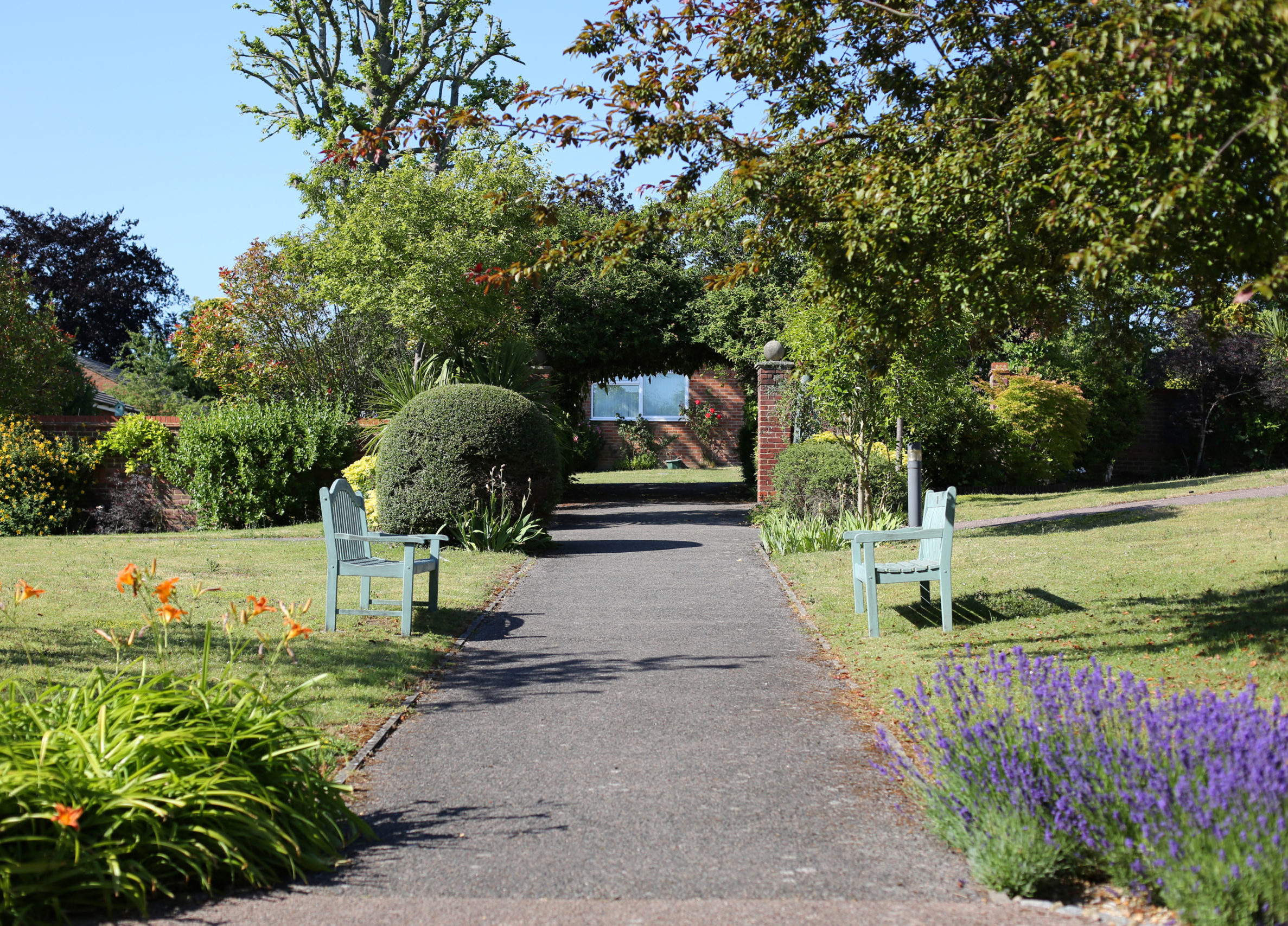 Peaceful garden pathway with seating