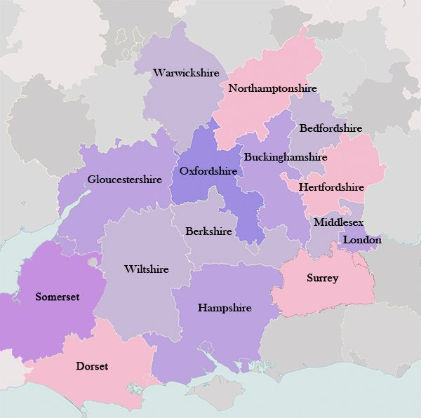 Map of counties in Southern England