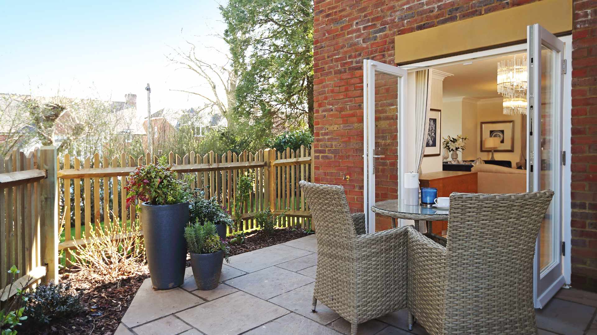 Outdoor patio with table and chairs