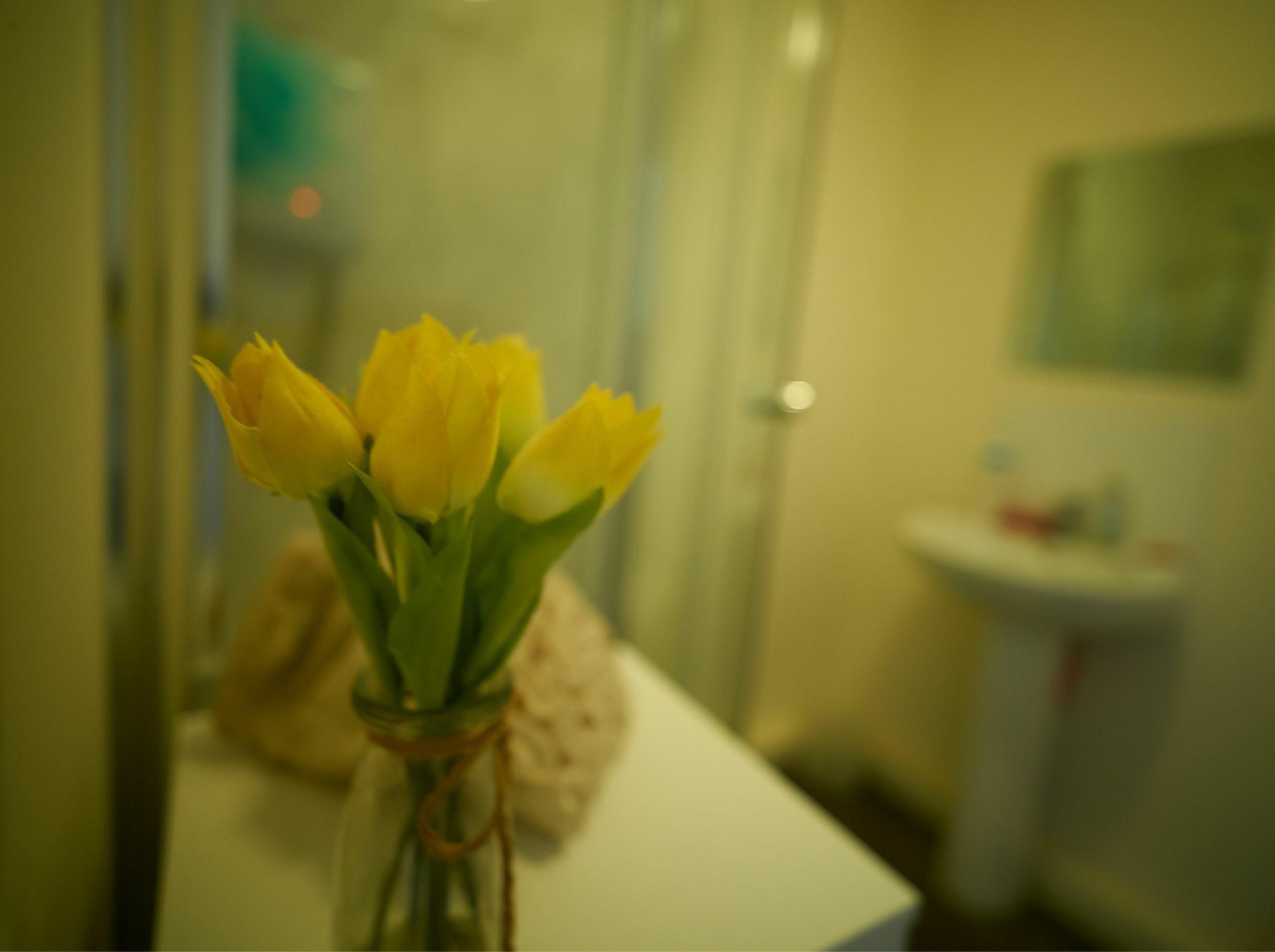 Bouquet of yellow tulips in a bathroom