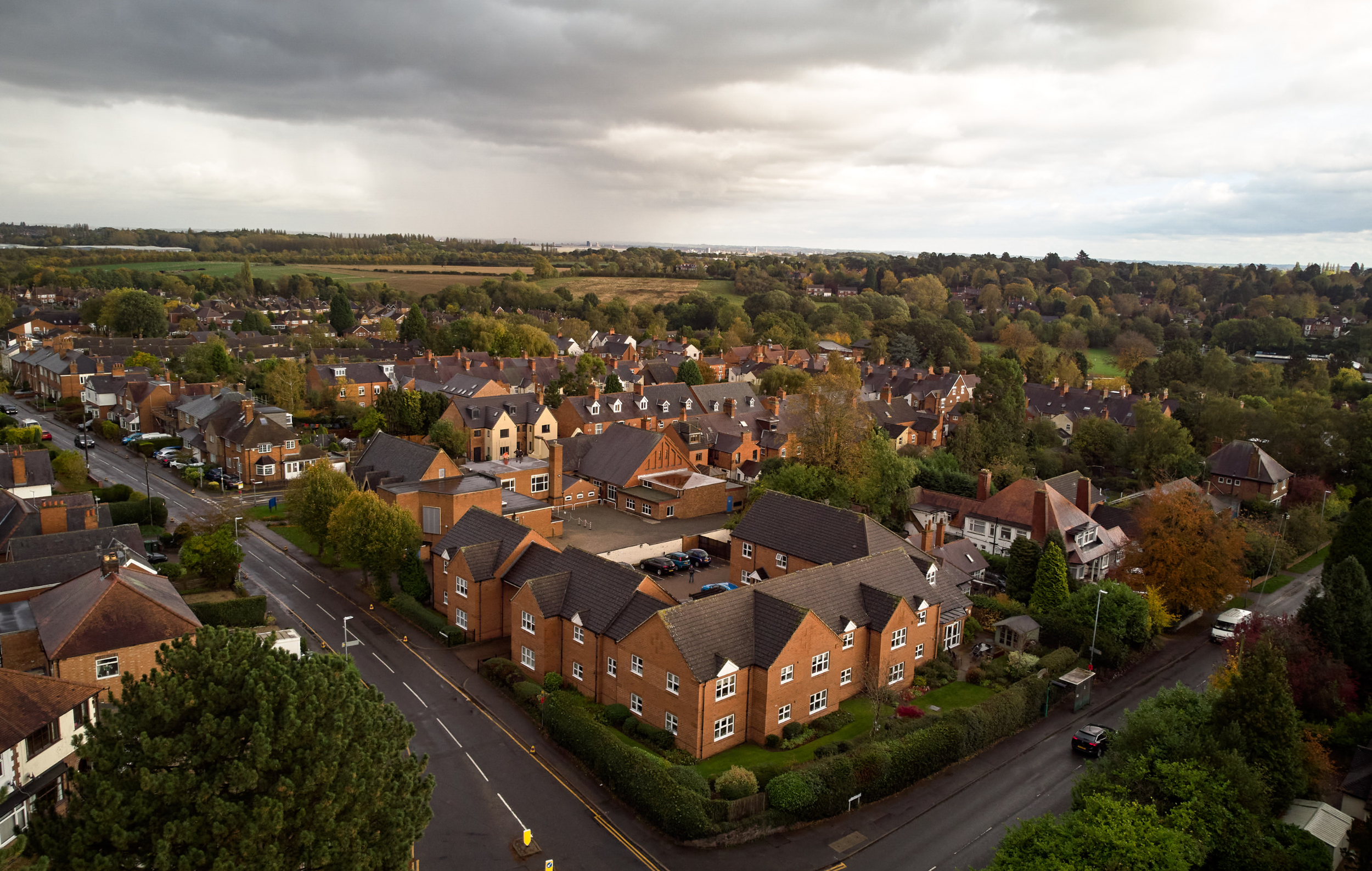 Aerial view of residential area with greenery