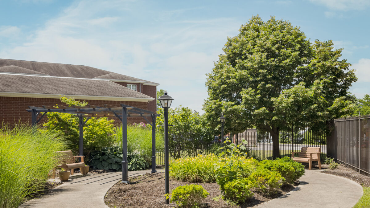 Garden area with benches and walkway