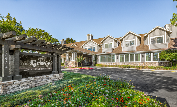 Exterior view of The Grove senior living facility