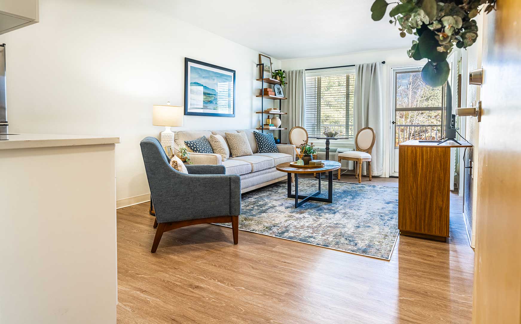 A cozy living room in a senior living facility.