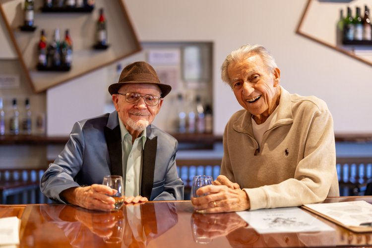Two elderly men enjoying drinks at a bar