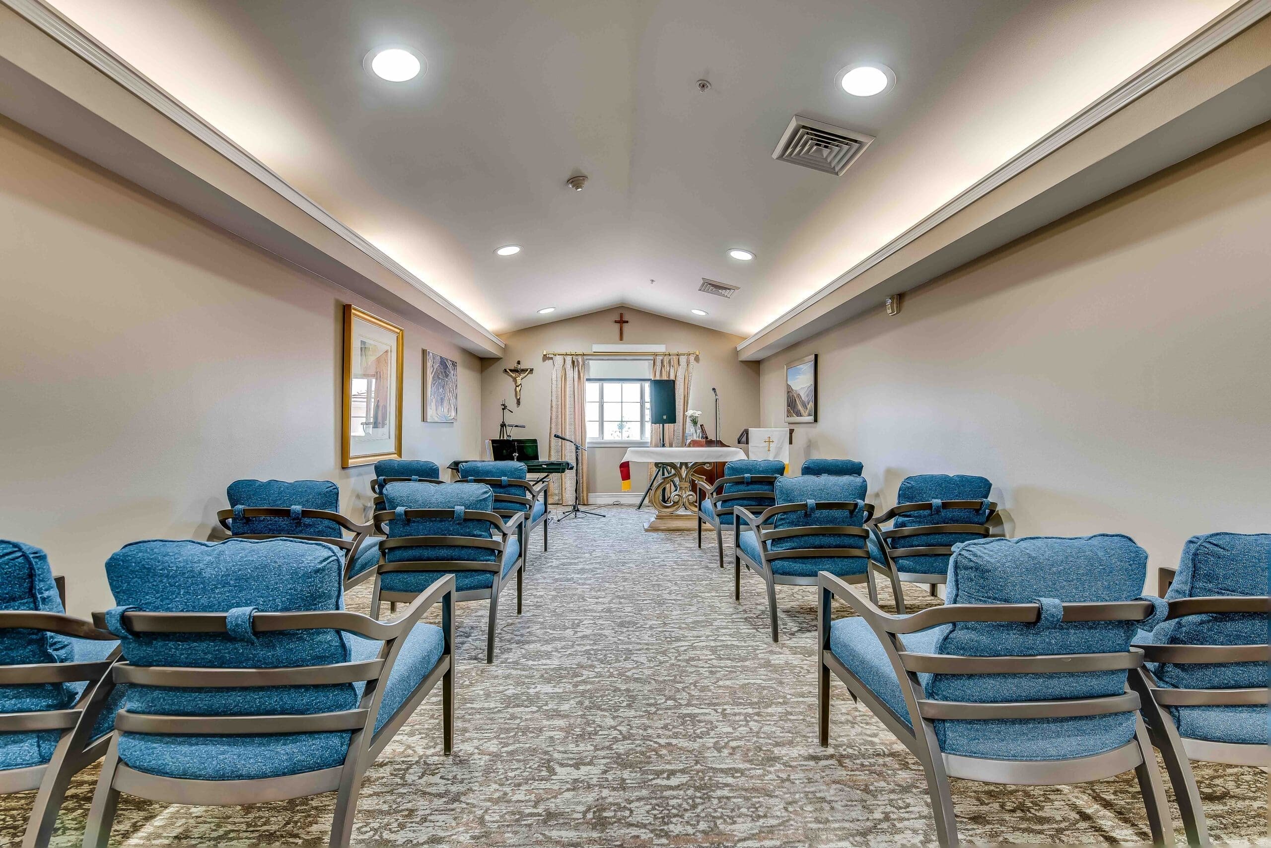 Interior view of a common area with seating