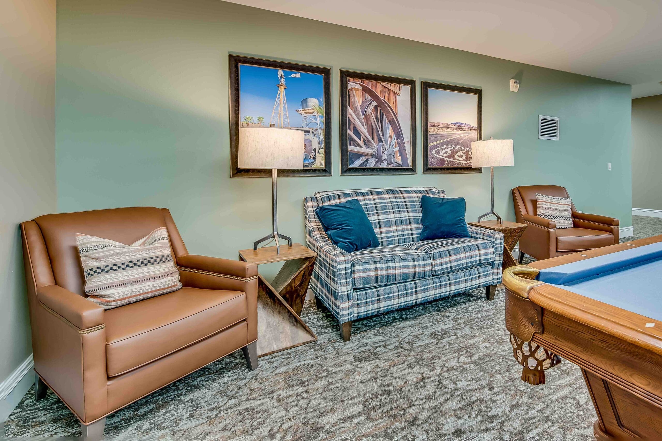 Cozy common area with seating and artwork