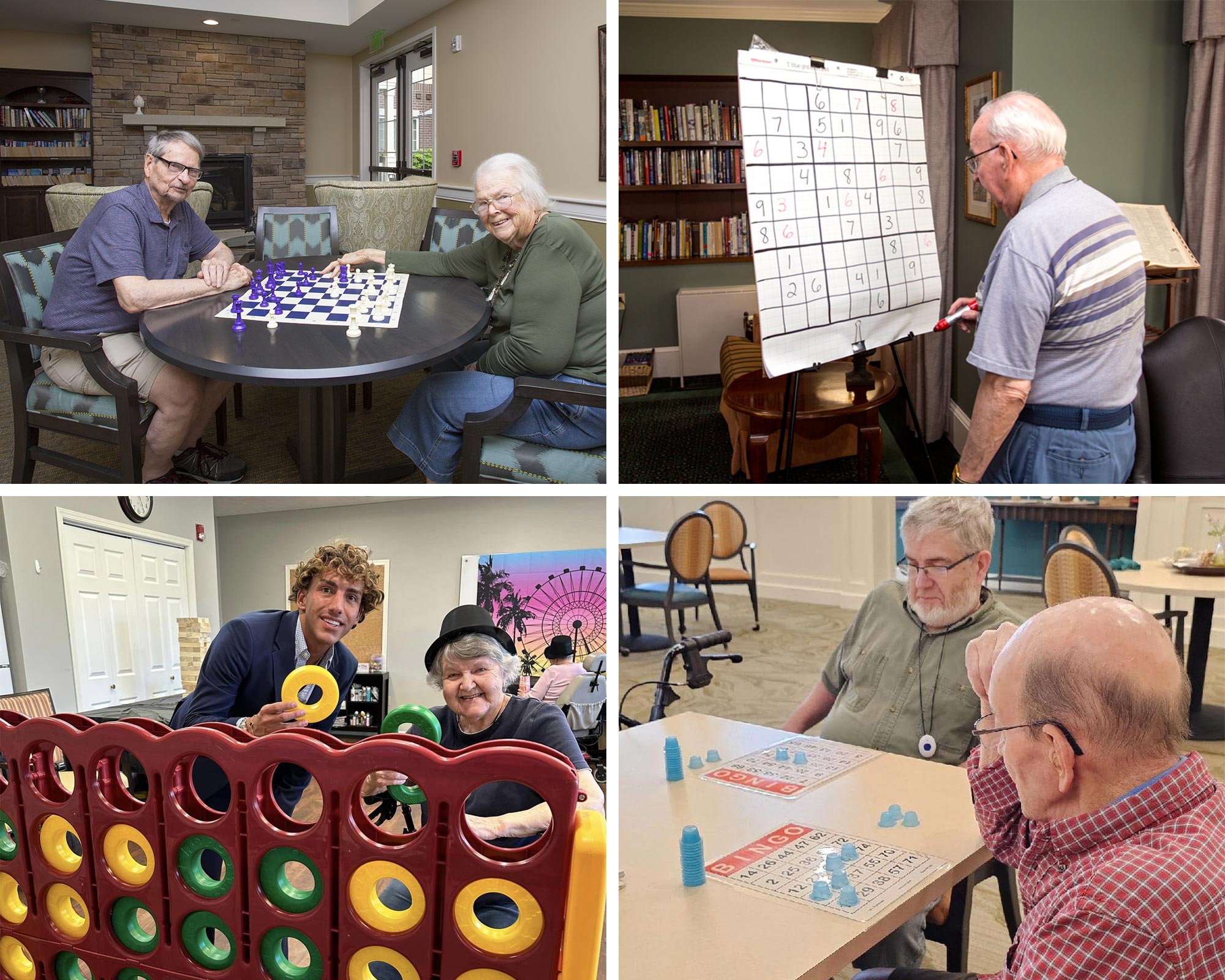 Residents engaging in various activities at tables