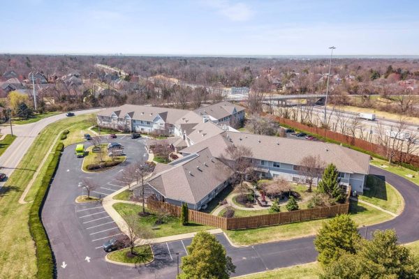 Aerial view of the assisted living facility and grounds
