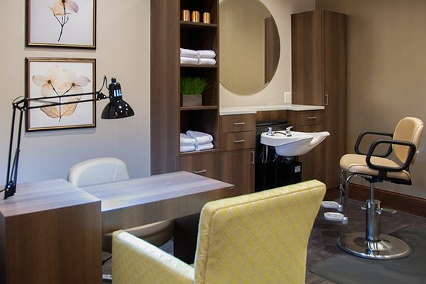 Interior view of a hair salon area in a senior living facility