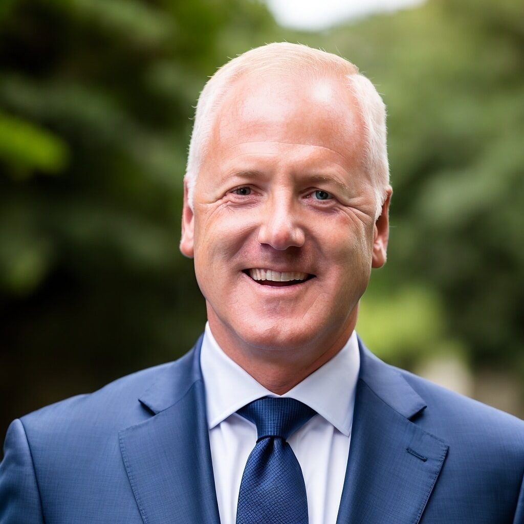 A smiling man in a suit outdoors