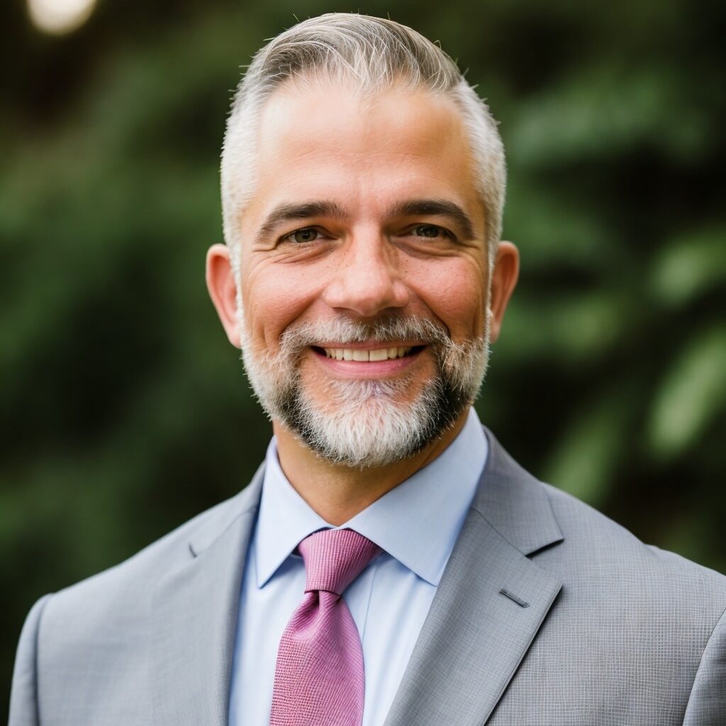 Smiling man in a suit outdoors