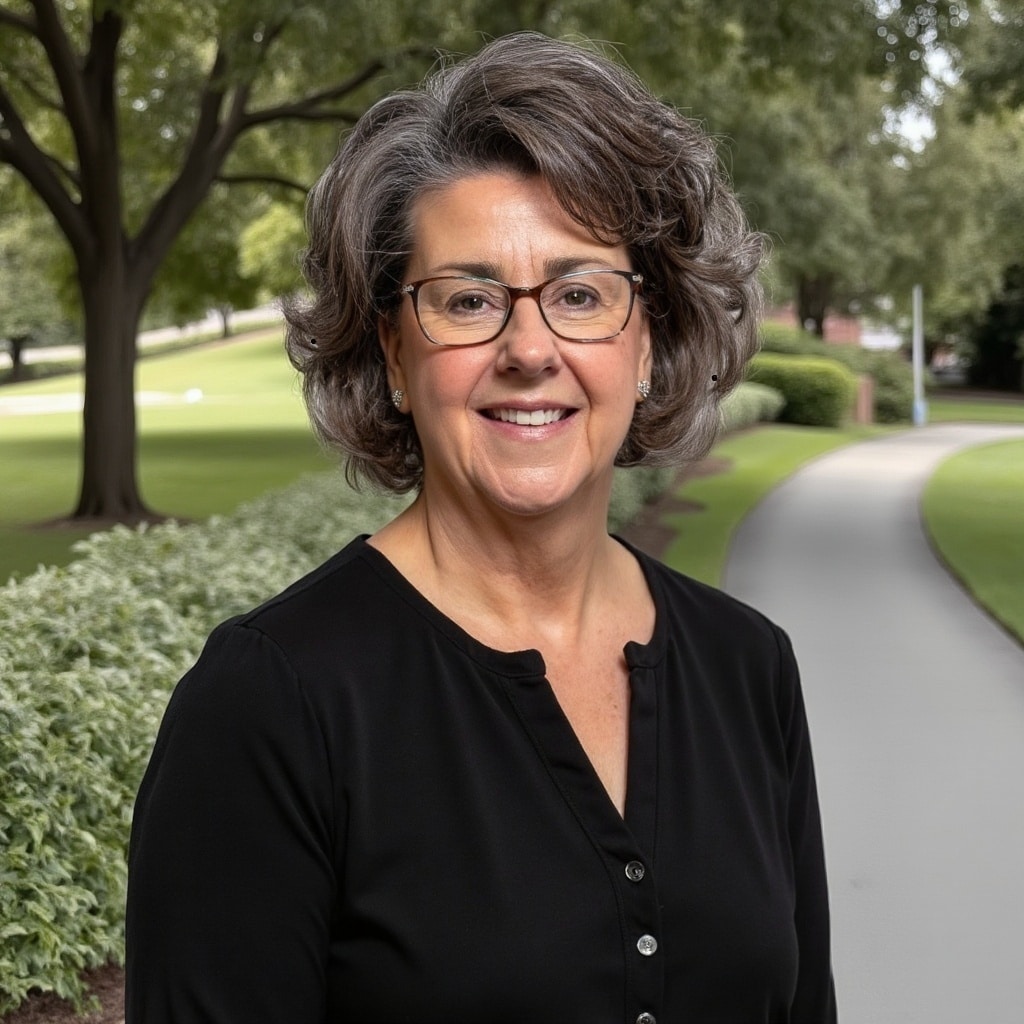 A staff member smiling in a garden path