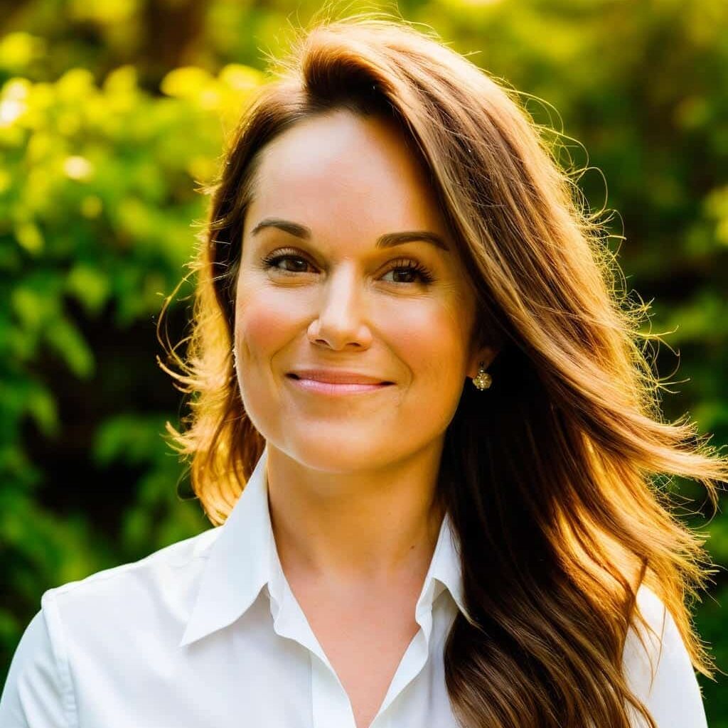 Smiling woman in a bright outdoor setting