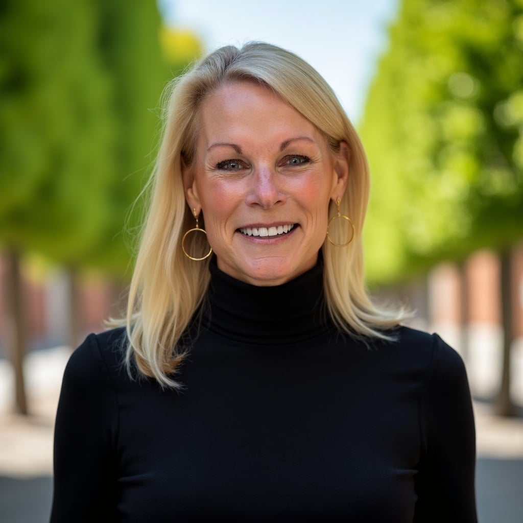 Smiling woman outdoors with trees in the background