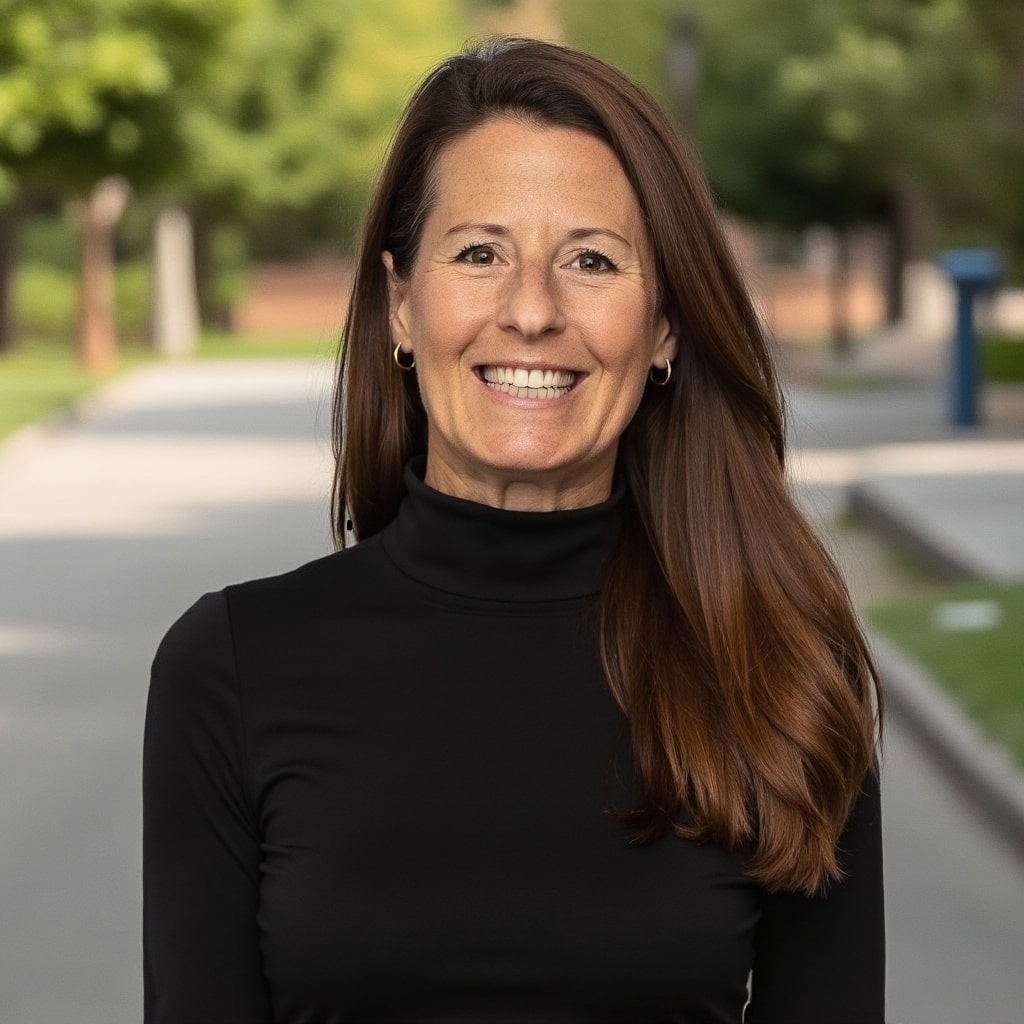 Woman smiling outdoors in a park-like setting