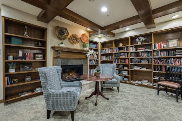 Cozy interior library area with bookshelves and seating