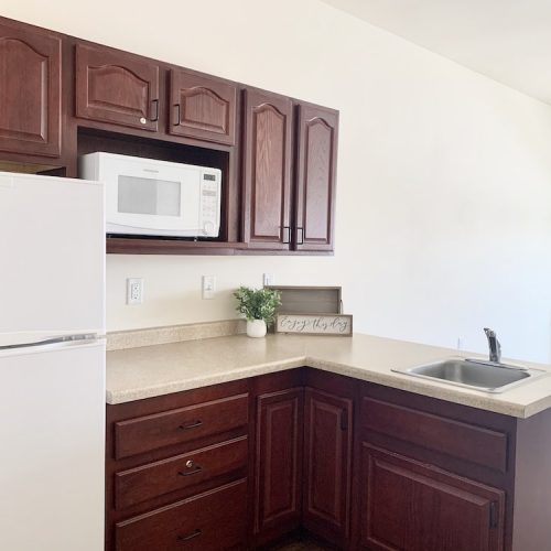 Interior kitchen space with cabinets and appliances