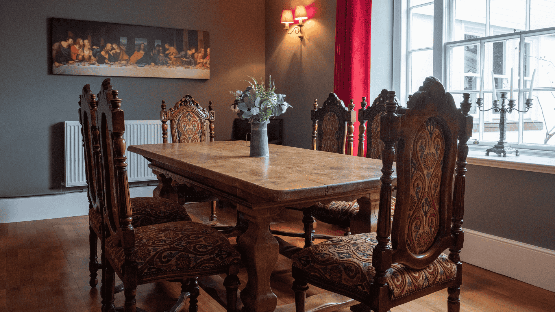 Dining room with wooden table and chairs