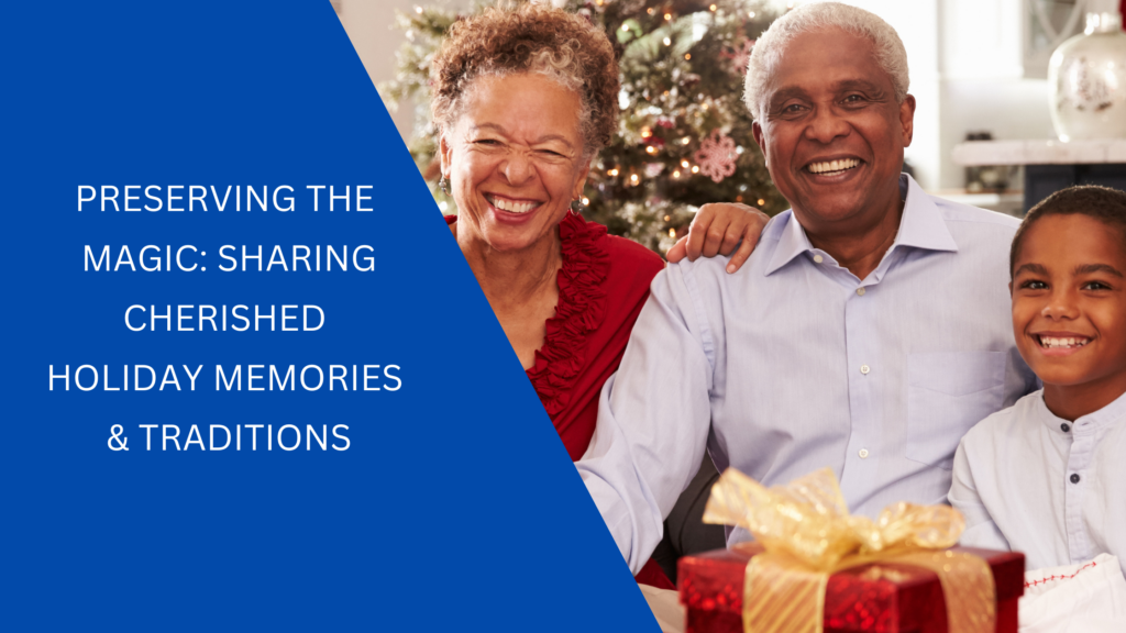Three people joyfully sharing holiday memories.