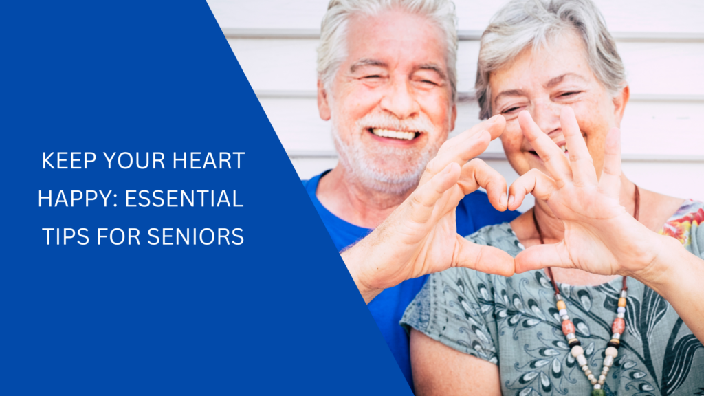 A happy senior couple making a heart shape with their hands.