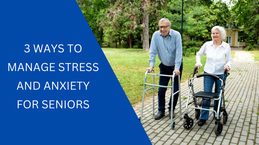 Two seniors walking outdoors with mobility aids.