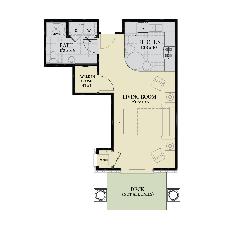 Floor plan of a resident unit showing kitchen and living room