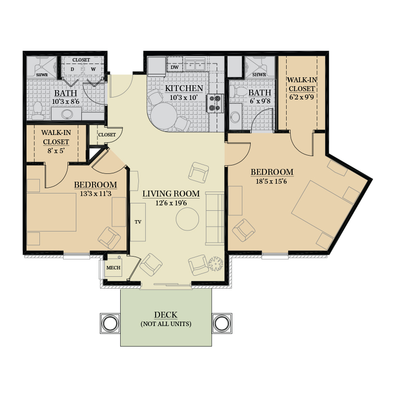 Architectural floor plan of a senior living unit