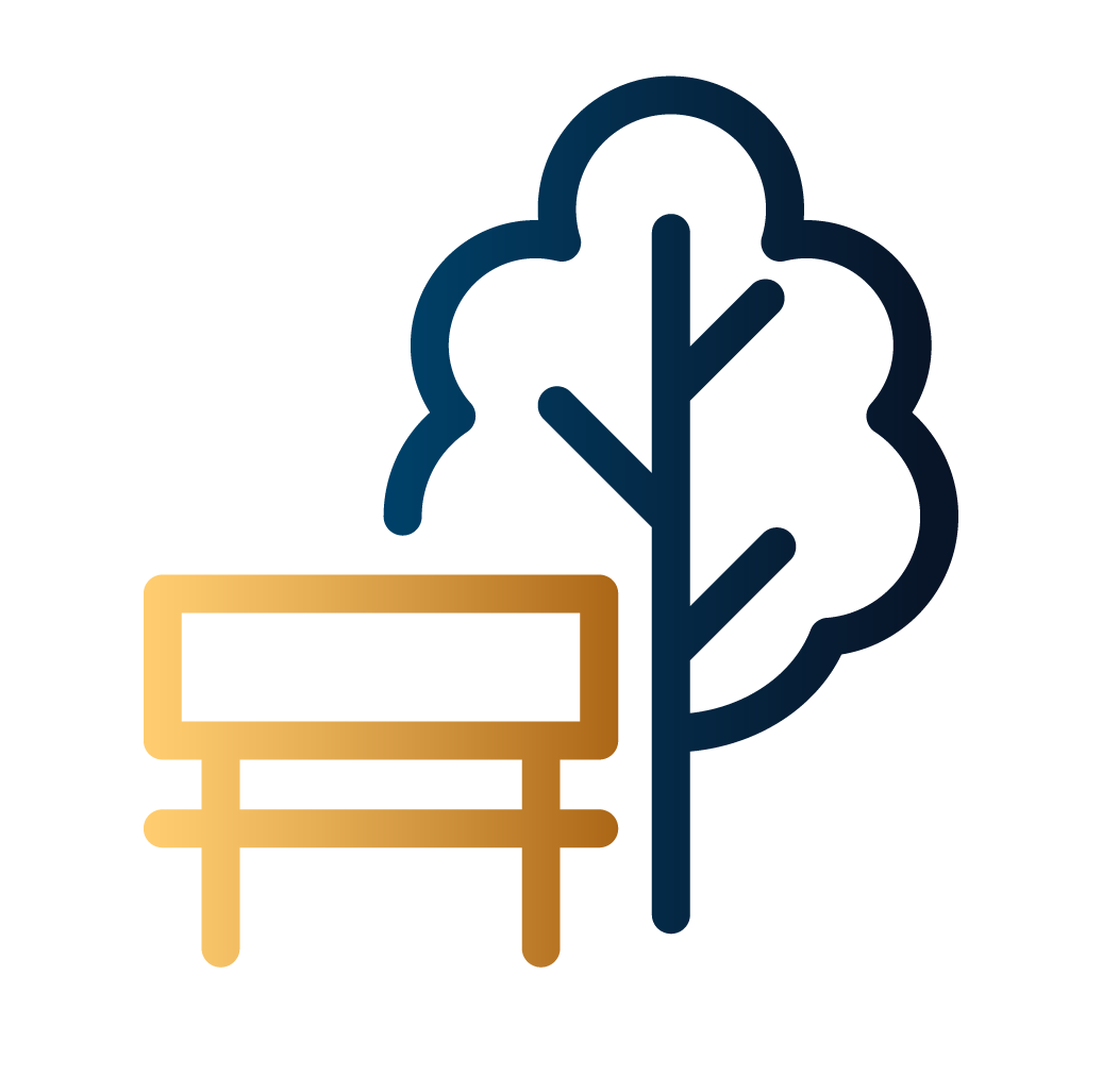 Stylized logo featuring a bench and tree