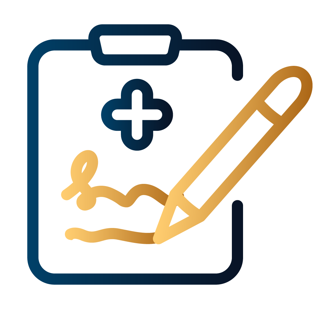 Graphic of a clipboard with a medical symbol and pen