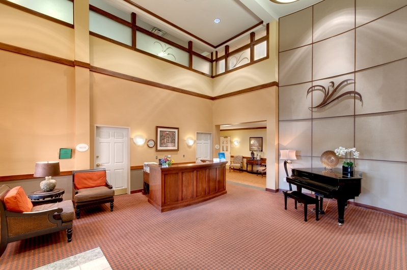 Bright lobby area of a senior living facility