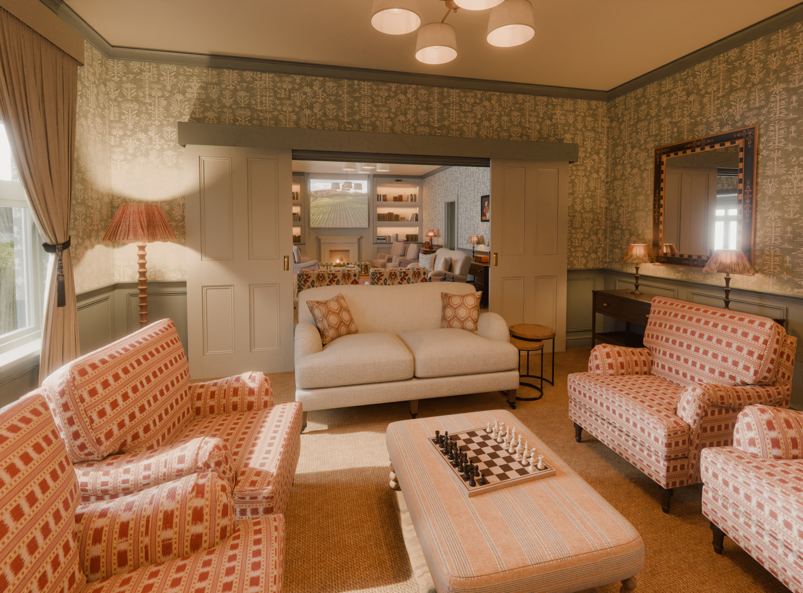 Cozy common area with comfortable seating and chessboard.