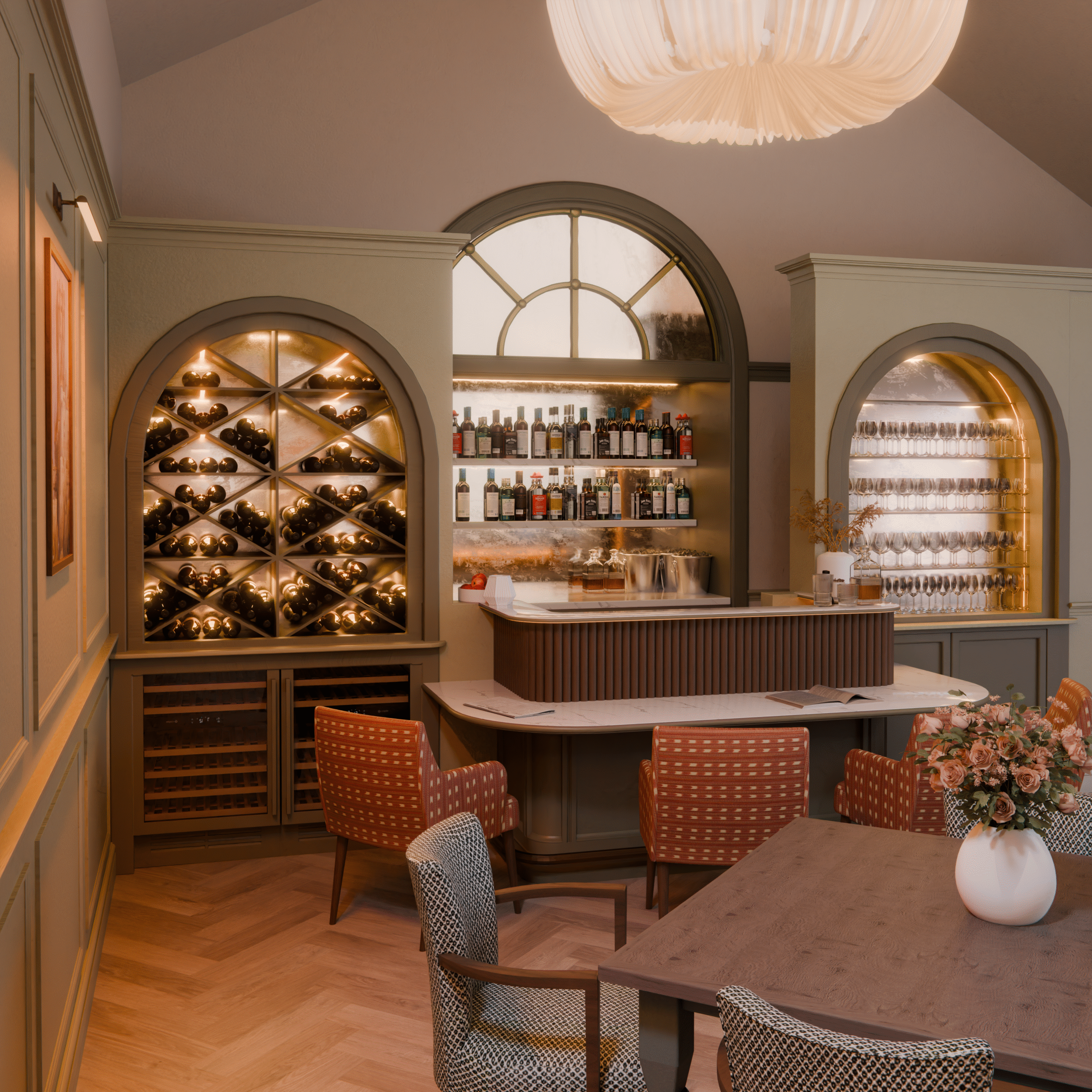 Elegant common area with wine bar and seating